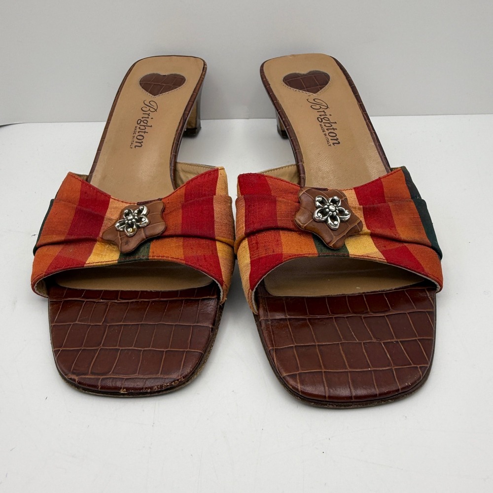 Brighton Women's Size 8 Square Toe Slide Sandals Multi Color Plaid Wedge Heels - Picture 2 of 8